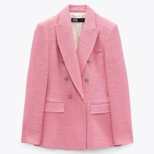 NWT ZARA Pink Textured Weave Tweed Double Breasted Silver Button Blazer XS